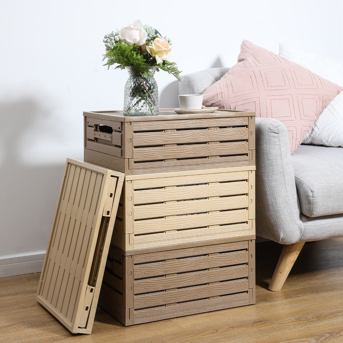 Foldable Wood-Grain Storage Crate with Lid